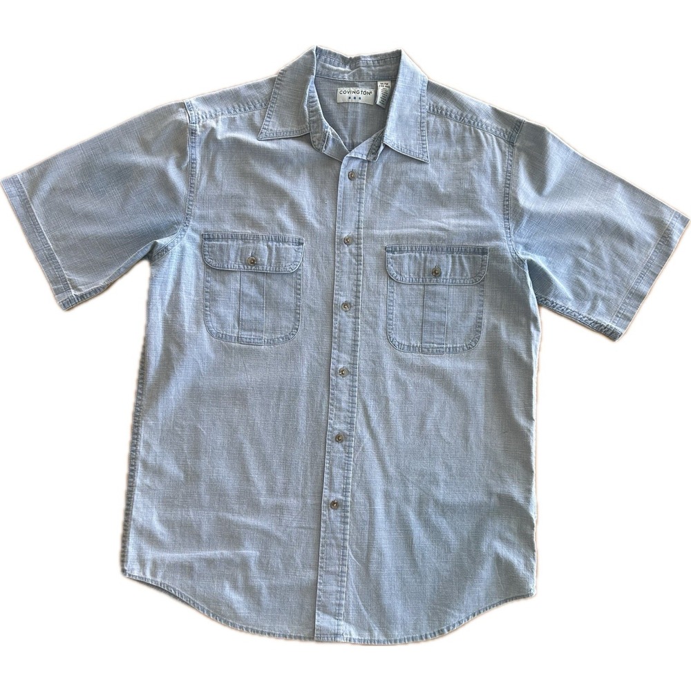 Vintage 90s Men's Denim Button Up Shirt Short Sleeve Medium 100% Cotton